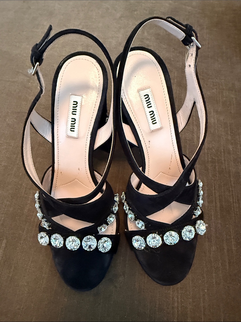 Miu Miu Black Crystal-Embellished Strappy Heels
